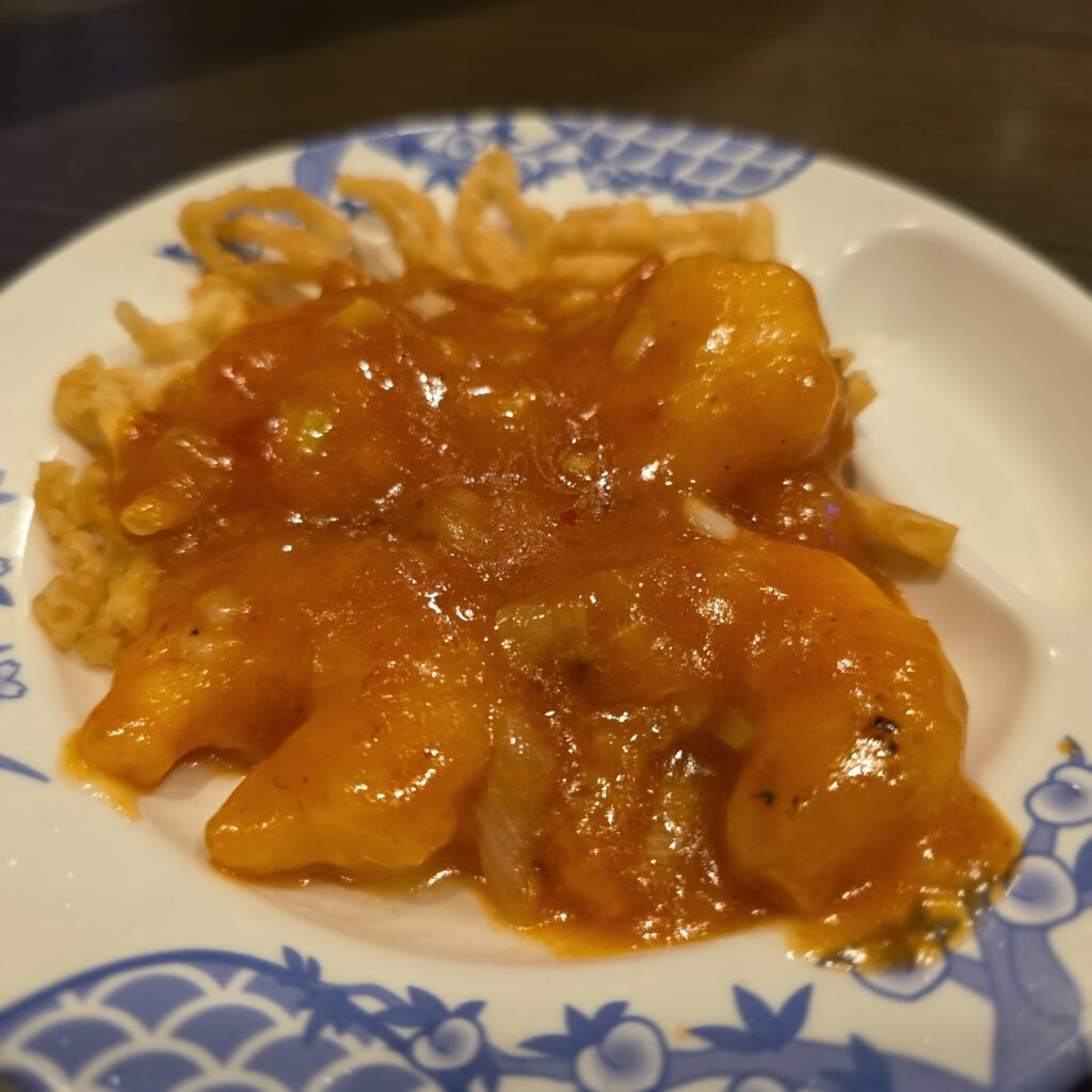 Shrimp in chili sauce served at a Bamiyan restaurant in Japan