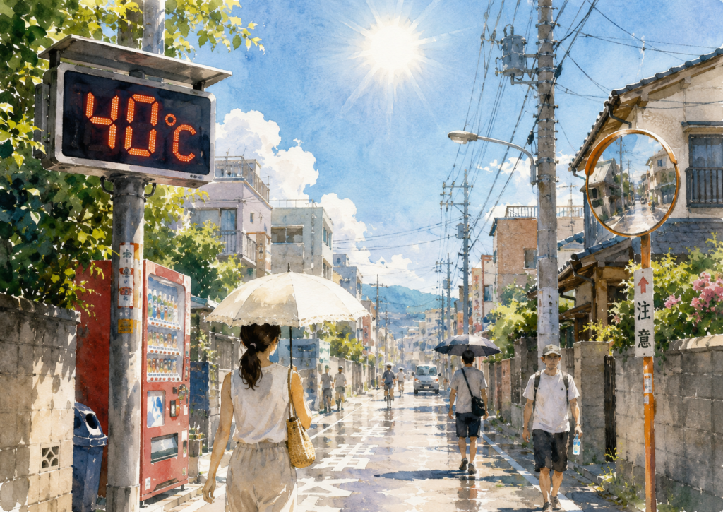 Watercolor illustration of a quiet Japanese residential street during extreme summer heat, with a digital temperature display reading 40°C, parasols, a vending machine, utility poles and bright midday sun.