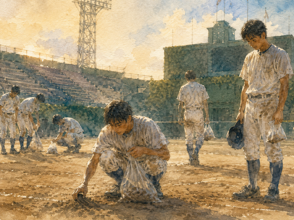 Watercolor illustration of high school baseball players collecting infield dirt into bags after their final game.