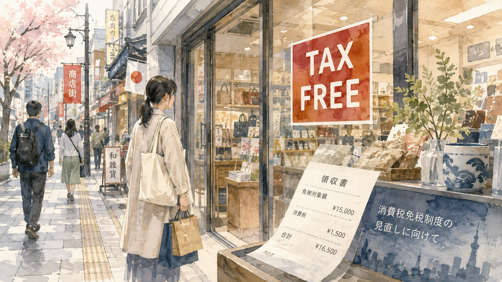 Watercolor illustration of an ordinary Japanese shopping street with a prominent TAX FREE sign, representing Japan's 2026 tax-free shopping system reform.