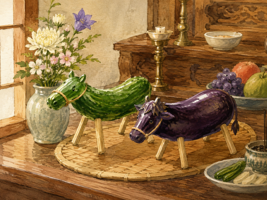 Watercolor illustration of a cucumber horse and eggplant cow displayed with Obon offerings in a Japanese home