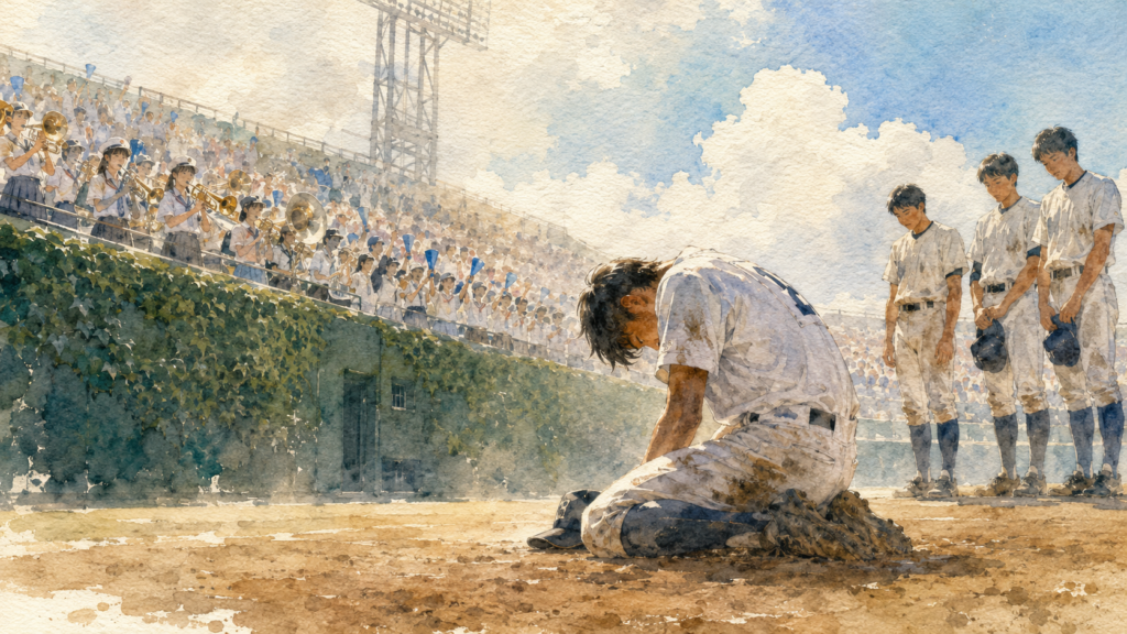 Watercolor illustration of a high school baseball player kneeling on the dirt after a loss while teammates stand nearby.