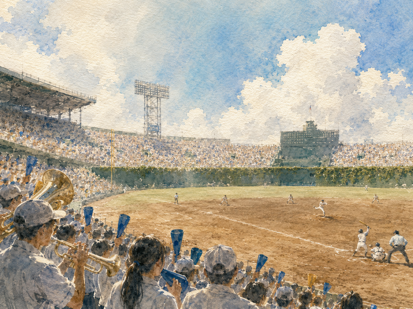 Watercolor illustration of a packed Japanese high school baseball stadium under a bright summer sky, with a brass band cheering from the stands.