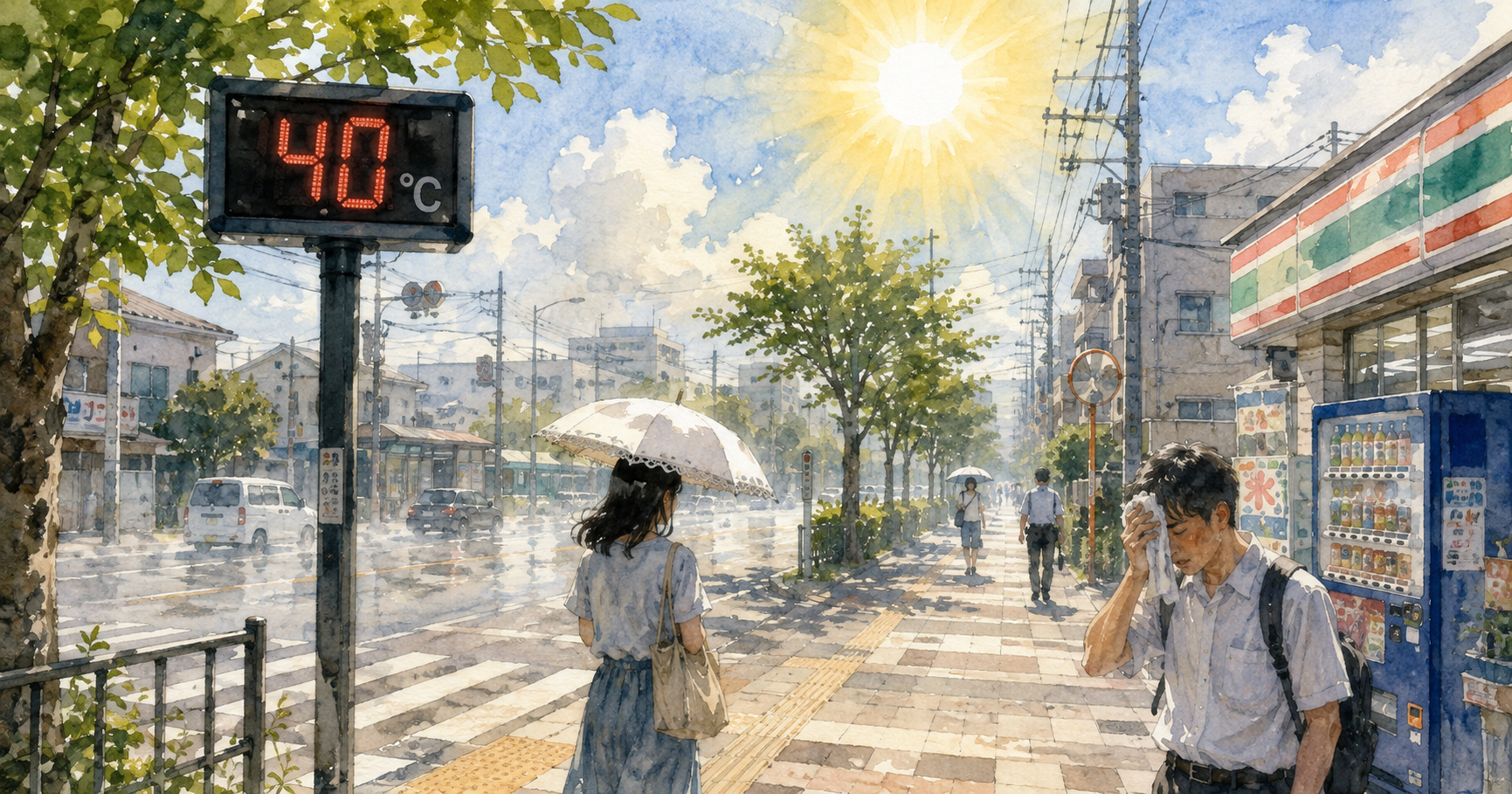Watercolor illustration of a Japanese summer street under intense sunlight, with a roadside temperature display showing 40°C, people carrying parasols, and vending machines.