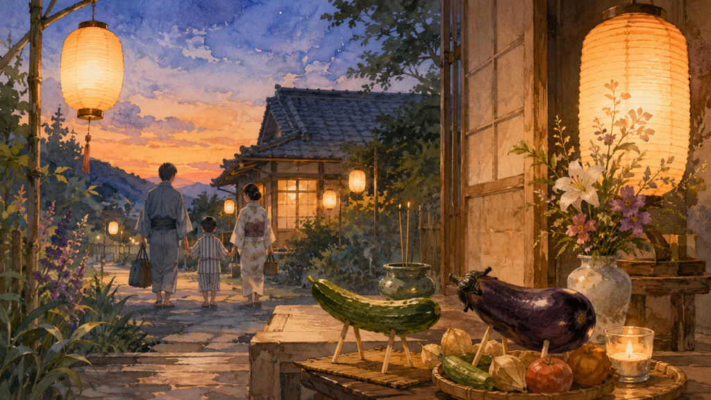 Watercolor illustration of an Obon evening in Japan with glowing lanterns, a family returning home, and cucumber and eggplant spirit animals.