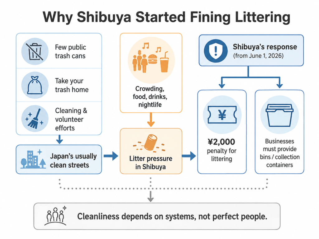 Diagram showing how few public trash cans, take-home habits, cleaning efforts and crowding relate to Shibuya's new ¥2,000 littering penalty and business trash-can requirements.