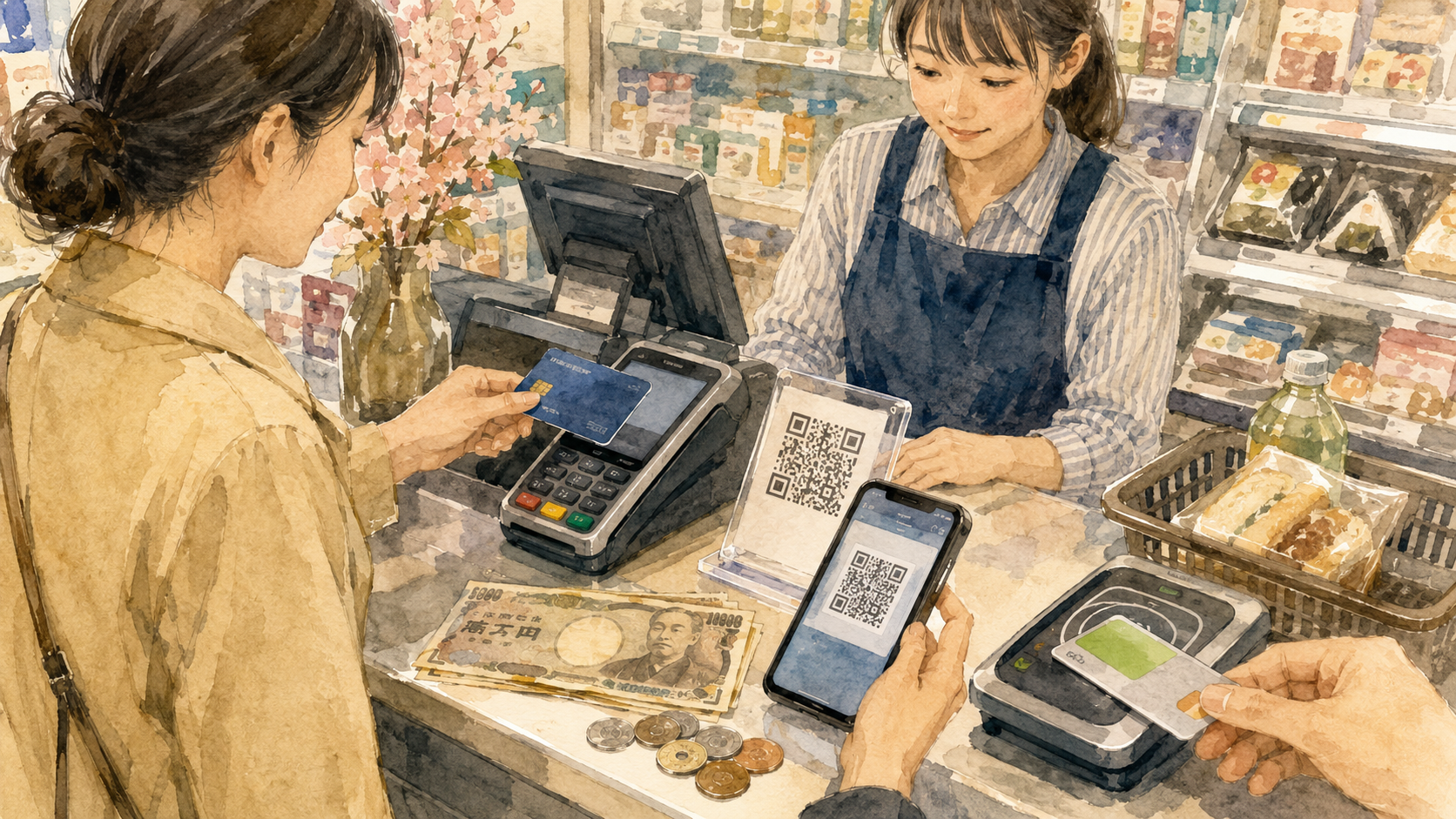 Watercolor illustration of a Japanese shop counter showing cash, a credit card, a smartphone QR payment and an IC card being used side by side.