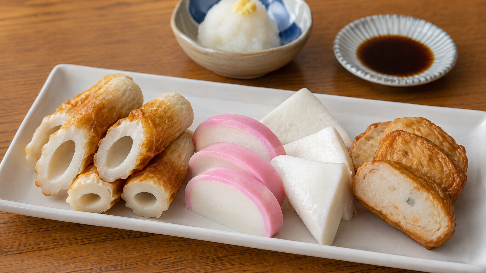 An assortment of Japanese fish cakes including chikuwa, kamaboko, hanpen, and satsuma-age