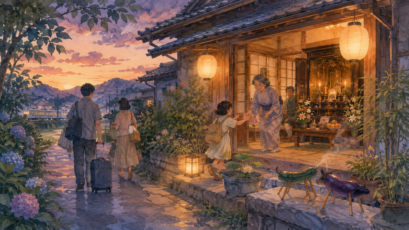 Watercolor illustration of a Japanese family returning to a traditional home at dusk during Obon, with lanterns, an ancestral altar, and cucumber and eggplant spirit animals.