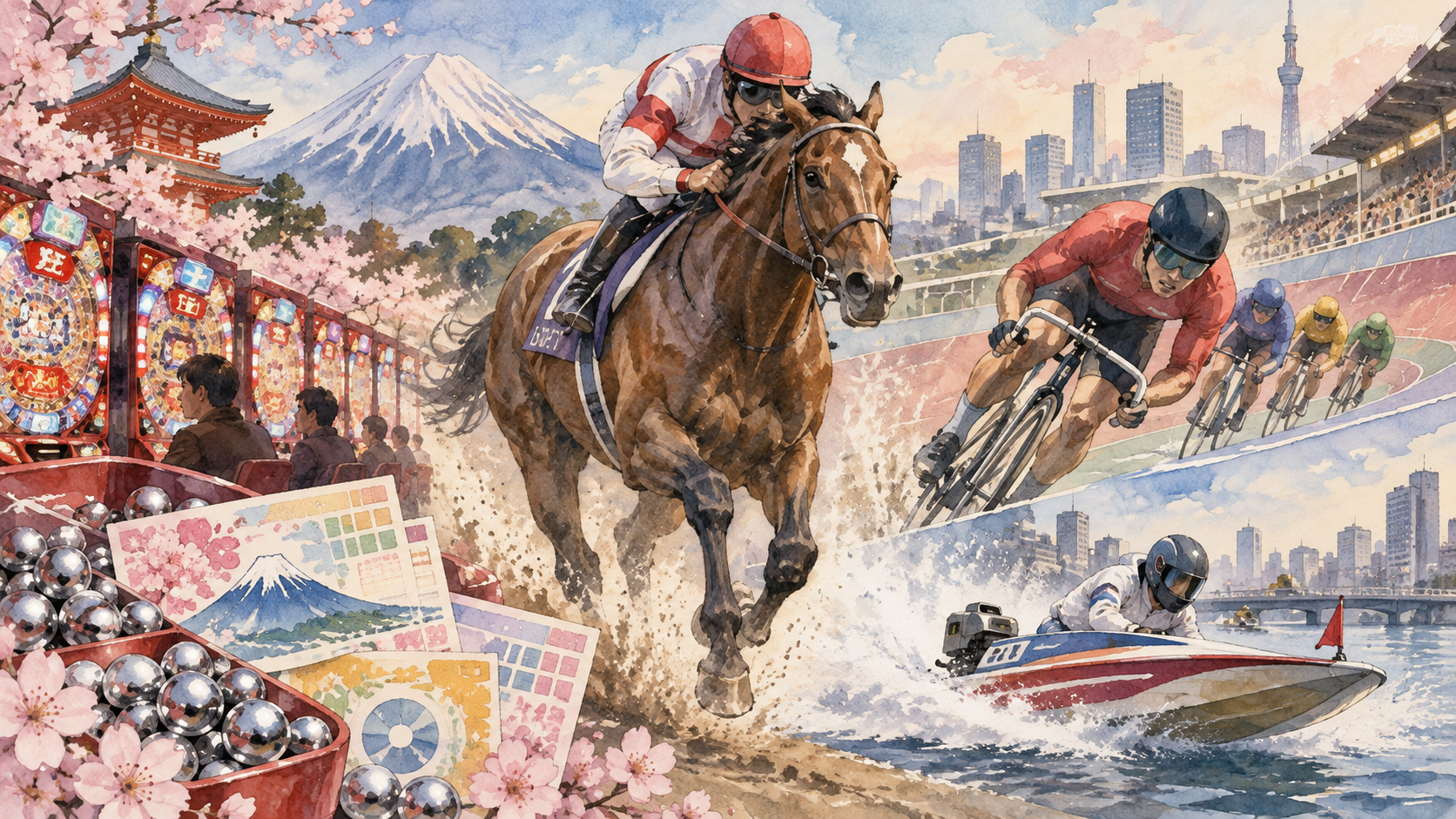 Watercolor illustration of legal gambling and lottery culture in Japan, including horse racing, keirin, boat racing, pachinko, lottery tickets, Mount Fuji and a Japanese cityscape.