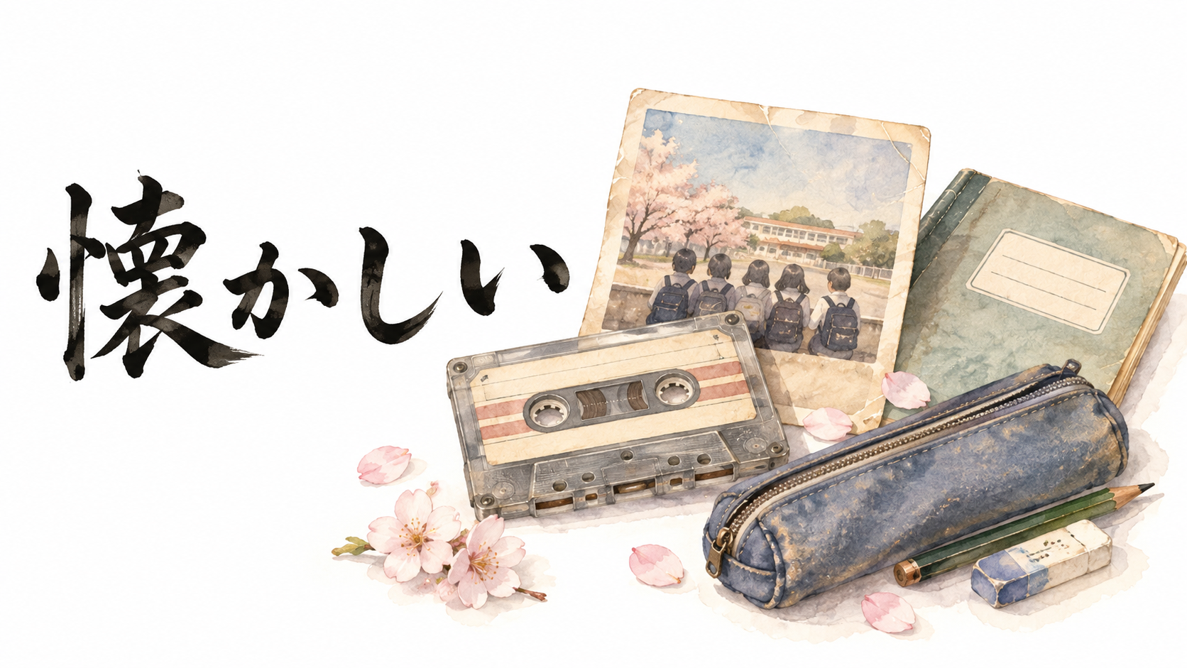 Watercolor illustration for 懐かしい (natsukashii): an old school photo, cassette tape, notebook and pencil case recalling familiar memories from the past.