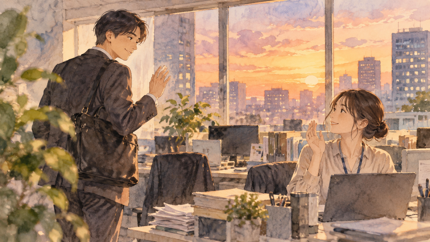 Japanese coworkers exchanging an otsukaresama greeting at the end of the workday, watercolor illustration