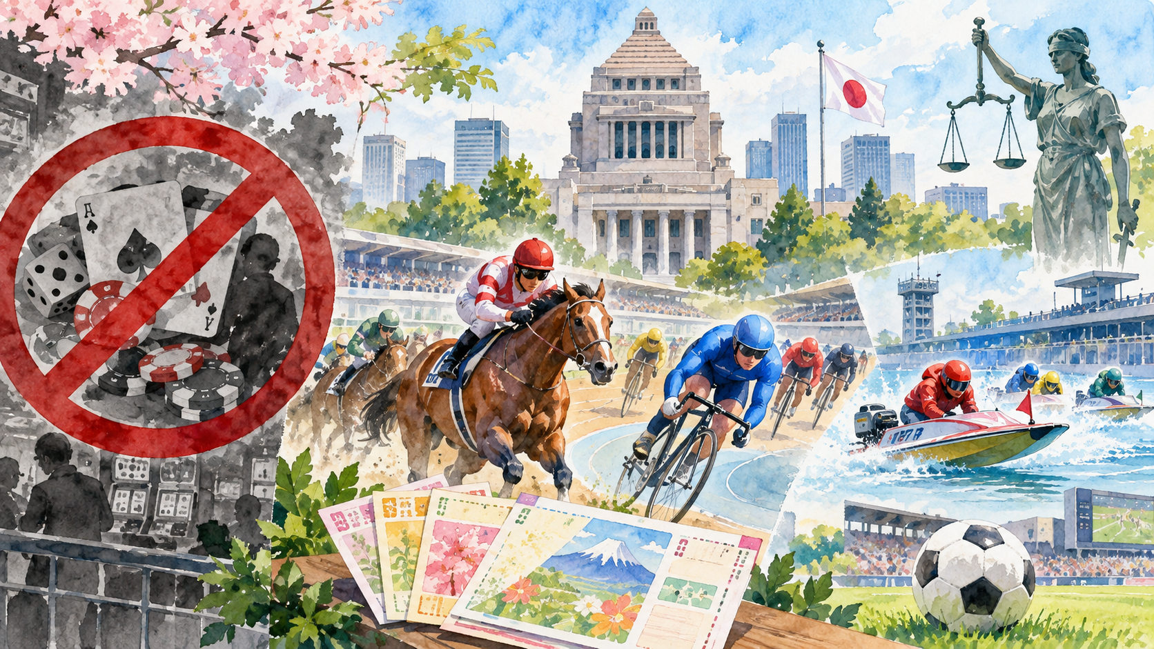 Watercolor illustration of Japan’s legal gambling framework, showing public racing, lotteries, the National Diet Building, and the scales of justice.