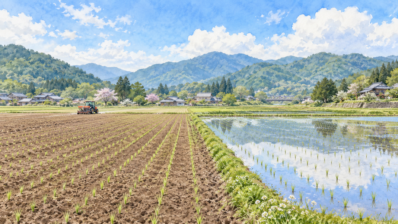Watercolor illustration of a Japanese rural landscape showing dry direct-seeded rice rows beside a flooded transplanted paddy
