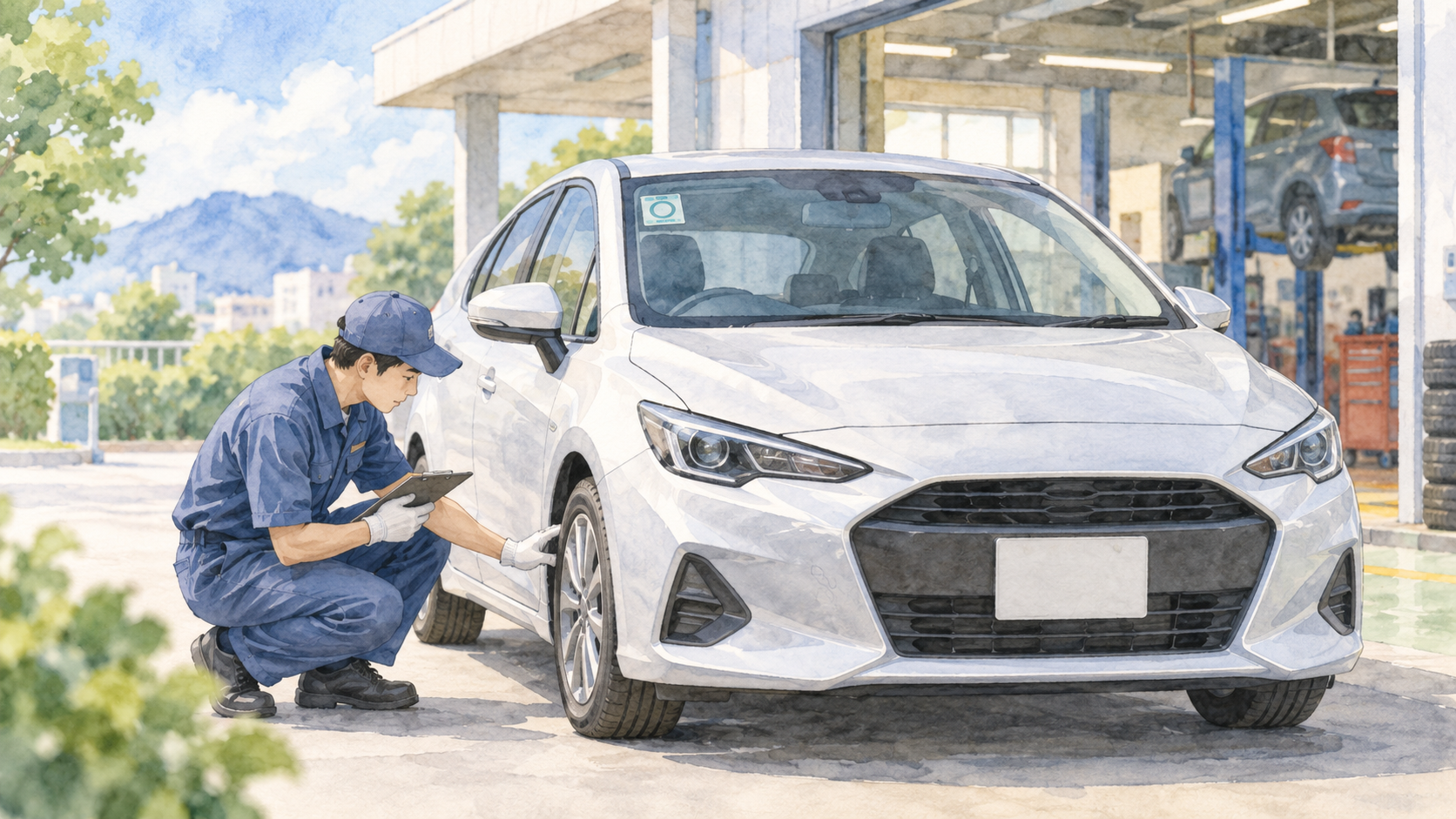Watercolor illustration of a Japanese passenger car undergoing inspection and maintenance at a garage, with an inspection sticker visible on the windshield