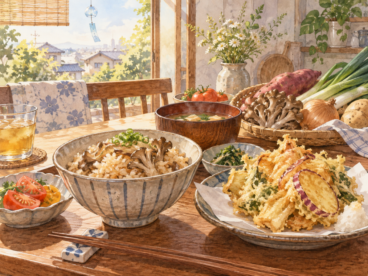 Watercolor illustration of a Japanese early-autumn meal with maitake rice, sweet-potato tempura, mushrooms and seasonal vegetables in a sunlit home