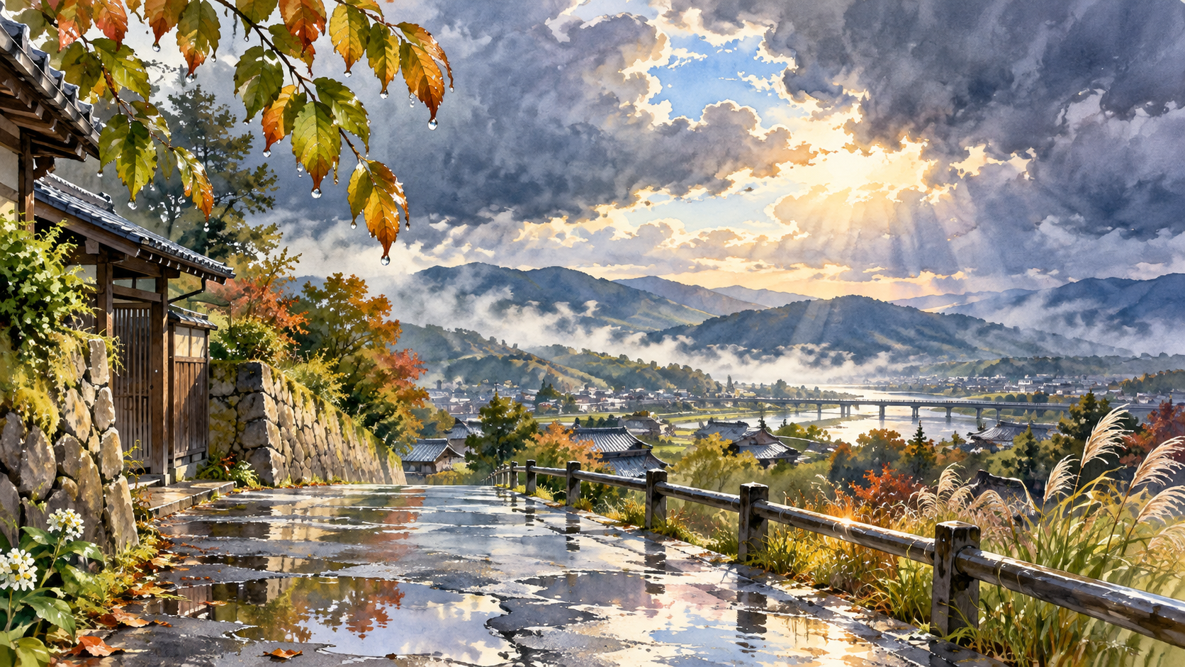 Watercolor illustration for 雷乃収声 (Thunder ceases), showing calm weather after thunder and rain have subsided.