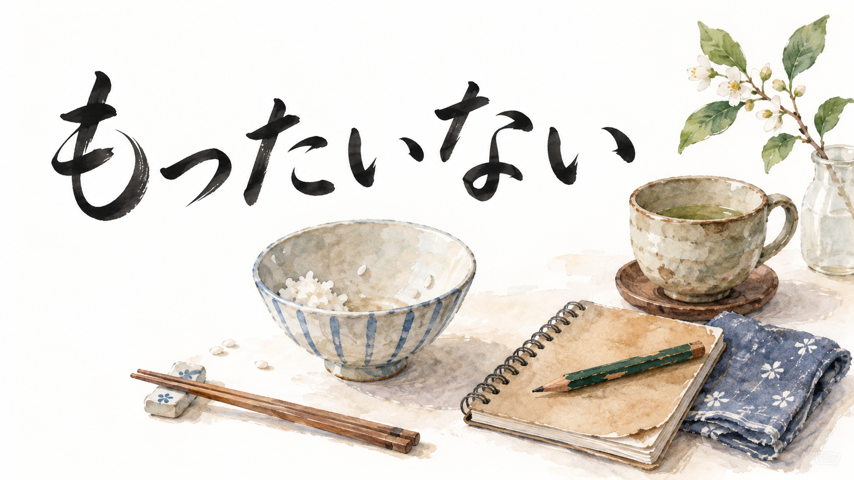 Watercolor illustration for もったいない (mottainai): a partly eaten bowl of rice beside well-used everyday objects, expressing value that should not be wasted.