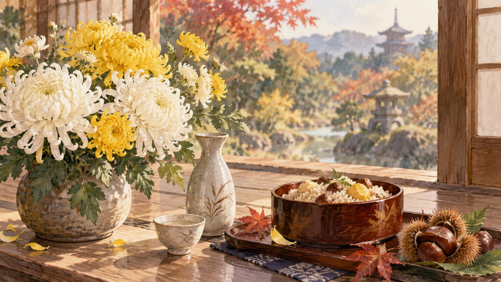 Watercolor illustration of chrysanthemums, chrysanthemum sake and chestnut rice on a Japanese veranda in autumn, representing Chōyō no Sekku