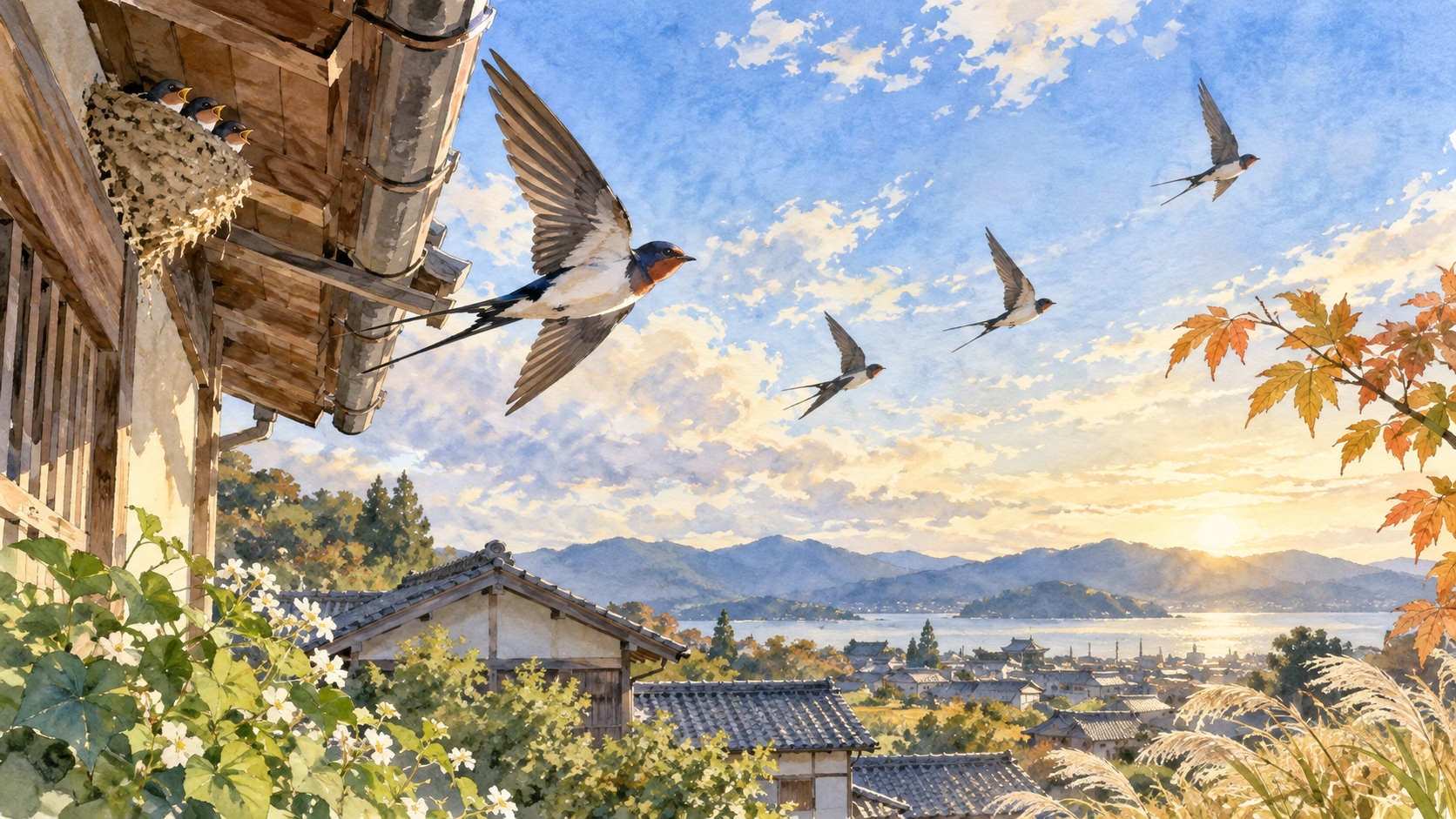 Watercolor illustration of swallows taking flight from Japanese eaves for 玄鳥去 (Swallows depart).
