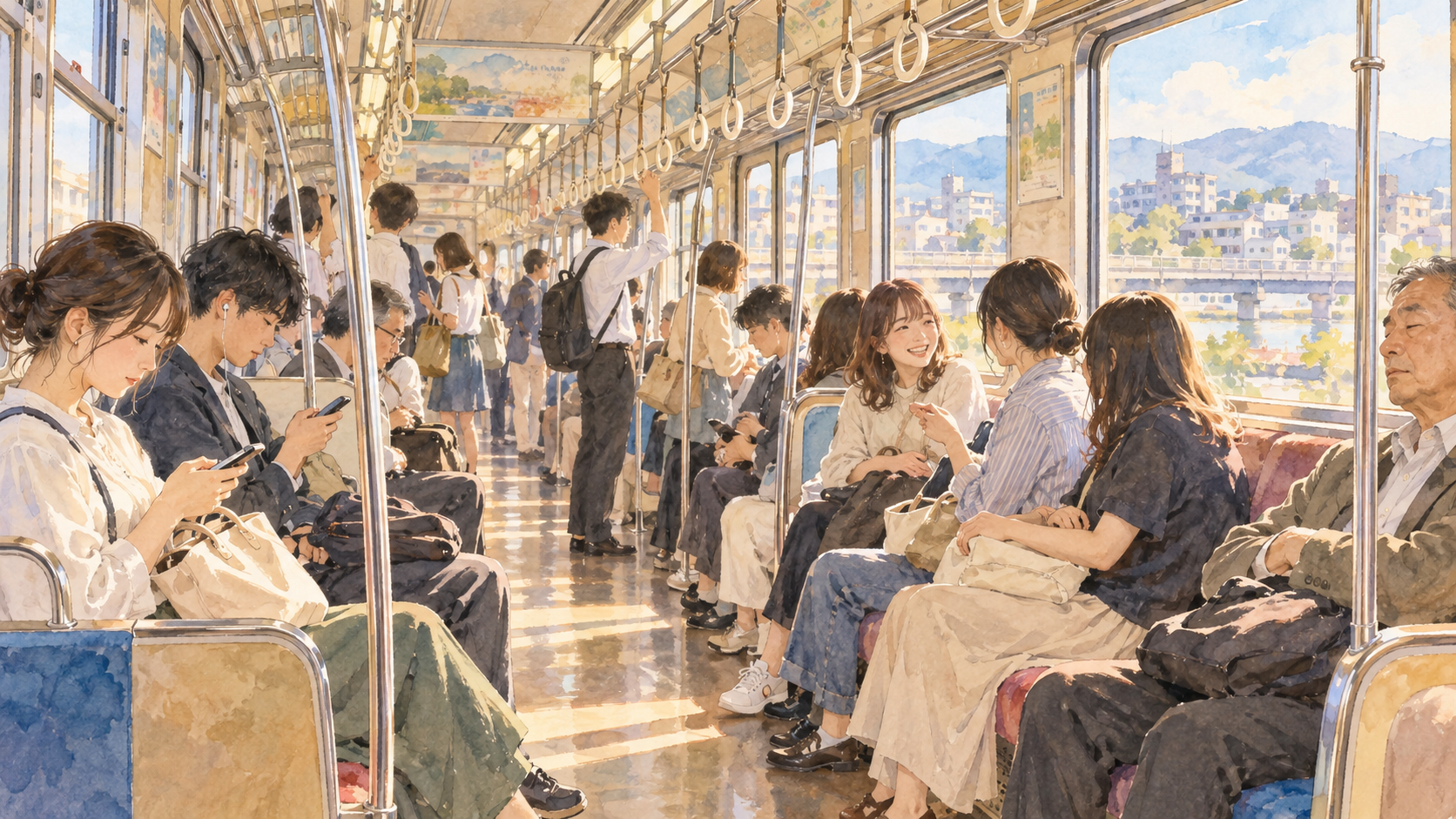 Watercolor illustration of passengers quietly sitting and chatting aboard a Japanese local train